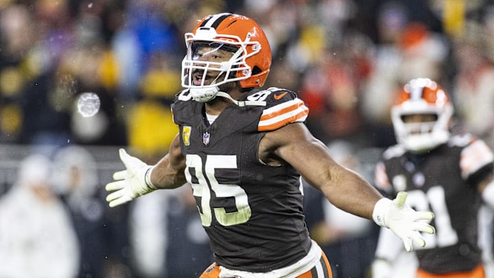 Nov 21, 2024; Cleveland, Ohio, USA; Cleveland Browns defensive end Myles Garrett (95) celebrates a team fumble recovery against the Pittsburgh Steelers during the second quarter at Huntington Bank Field Stadium.