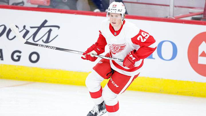 Oct 3, 2023; Chicago, Illinois, USA; Detroit Red Wings forward Nate Danielson (29) warms up before a