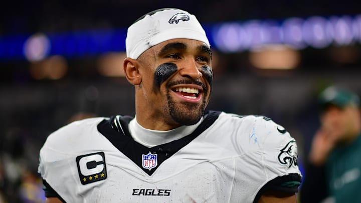 Nov 24, 2024; Inglewood, California, USA; Philadelphia Eagles quarterback Jalen Hurts (1) reacts following the victory against the Los Angeles Rams at SoFi Stadium. Mandatory Credit: Gary A. Vasquez-Imagn Images