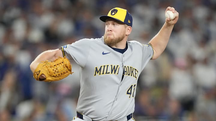 Oct 17, 2025; Los Angeles, California, USA; Milwaukee Brewers pitcher Jared Koenig (47) pitches against the Los Angeles Dodgers in the eighth inning during game four of the NLCS round for the 2025 MLB playoffs at Dodger Stadium. Mandatory Credit: Kirby Lee-Imagn Images Oct 17, 2025; Los Angeles, California, USA; Milwaukee Brewers pitcher Jared Koenig (47) pitches against the Los Angeles Dodgers in the eighth inning during game four of the NLCS round for the 2025 MLB playoffs at Dodger Stadium. Mandatory Credit: Kirby Lee-Imagn Images