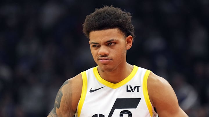 Nov 16, 2024; Sacramento, California, USA; Utah Jazz guard Keyonte George (3) before the game against the Sacramento Kings at Golden 1 Center. Mandatory Credit: Darren Yamashita-Imagn Images