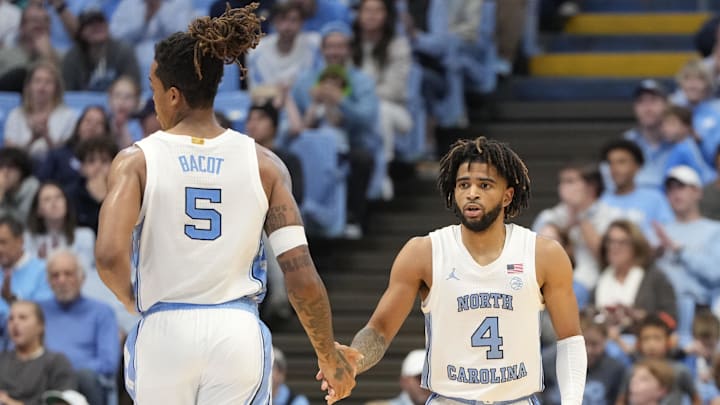 Nov 12, 2023; Chapel Hill, North Carolina, USA; North Carolina Tar Heels guard RJ Davis (4) reacts