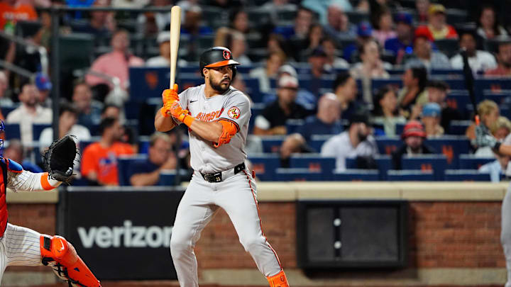Aug 19, 2024; New York City, New York, USA; Baltimore Orioles right fielder Anthony Santander (25) at bat against the New York Mets during the fourth inning at Citi Field.