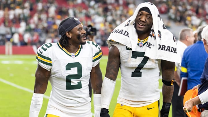 Green Bay Packers quarterback Malik Willis (2) and linebacker Quay Walker (7) against the Arizona Cardinals at State Farm Stadium. 