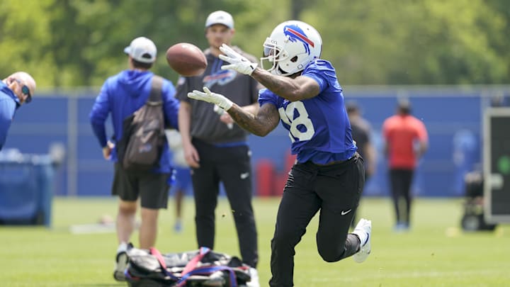 Jun 11, 2025; Orchard Park, NY, USA; Buffalo Bills wide receiver Elijah Moore (18) makes a catch during Minicamp at Highmark Stadium