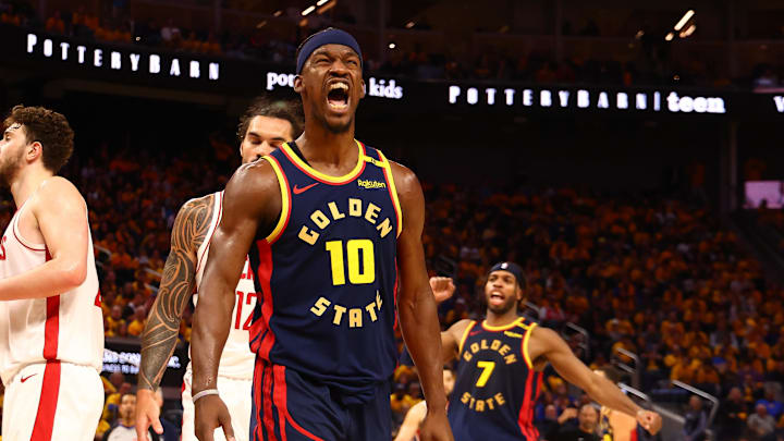 Apr 28, 2025; San Francisco, California, USA; Golden State Warriors forward Jimmy Butler III (10) reacts after a play against the Houston Rockets during the third quarter of game four of the 2025 NBA Playoffs first round at Chase Center. Mandatory Credit: Kelley L Cox-Imagn Images