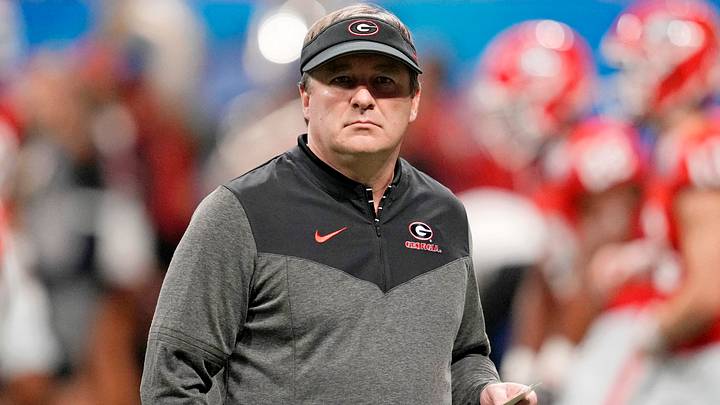 Dec 31, 2022; Atlanta, Georgia, USA; Georgia Bulldogs head coach Kirby Smart looks on during warmups before the 2022 Peach Bowl against the Ohio State Buckeyes at Mercedes-Benz Stadium. Mandatory Credit: Dale Zanine-USA TODAY Sports