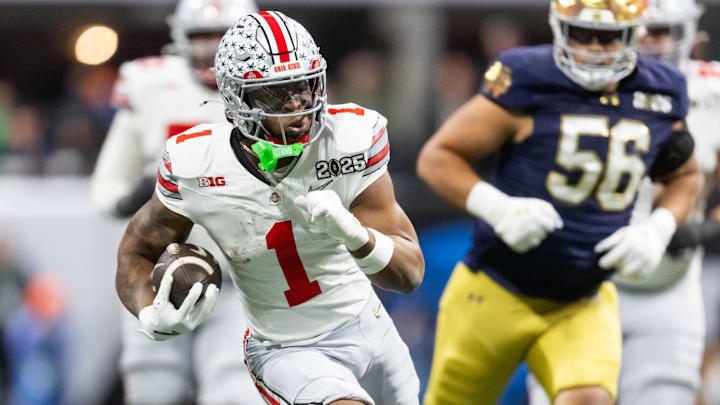 Jan 20, 2025; Atlanta, GA, USA; Ohio State Buckeyes running back Quinshon Judkins (1) against the Notre Dame Fighting Irish during the CFP National Championship college football game at Mercedes-Benz Stadium. Mandatory Credit: Mark J. Rebilas-Imagn Images