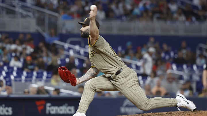 Aug 9, 2024; Miami, Florida, USA;  San Diego Padres relief pitcher Tanner Scott (66) pitches in the tenth inning at loanDepot Park. Mandatory Credit: Rhona Wise-Imagn Images