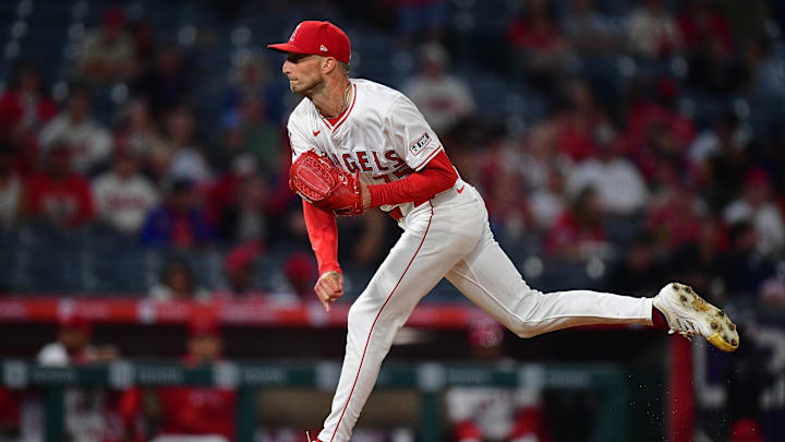 Aug 1, 2025; Anaheim, California, USA; Los Angeles Angels pitcher Connor Brogdon (75) throws against the Chicago White Sox during the ninth inning at Angel Stadium. Mandatory Credit: Gary A. Vasquez-Imagn Images