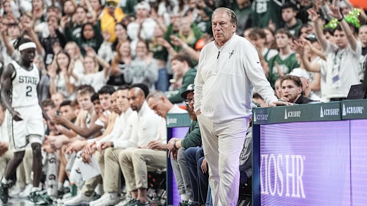 Nov 16, 2024; East Lansing, Michigan, USA; Michigan State Spartans head coach Tom Izzo watches a play against Bowling Green Falcons during the first half at Breslin Center. Mandatory Credit: Junfu Han/USA TODAY Network via Imagn Images Nov 16, 2024; East Lansing, Michigan, USA; Michigan State Spartans head coach Tom Izzo watches a play against Bowling Green Falcons during the first half at Breslin Center. Mandatory Credit: Junfu Han/USA TODAY Network via Imagn Images