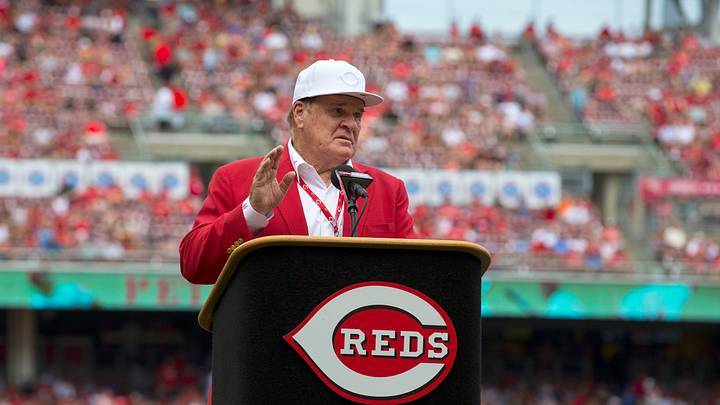 Cincinnati Reds hall of famer Pete Rose speaks during a pregame ceremony for the unveiling of Pete Rose's bronze statue being installed outside the stadium before the MLB National League game between the Cincinnati Reds and the Los Angeles Dodgers at Great American Ball Park in downtown Cincinnati on Saturday, June 17, 2017. Cincinnati Reds hall of famer Pete Rose speaks during a pregame ceremony for the unveiling of Pete Rose's bronze statue being installed outside the stadium before the MLB National League game between the Cincinnati Reds and the Los Angeles Dodgers at Great American Ball Park in downtown Cincinnati on Saturday, June 17, 2017.
