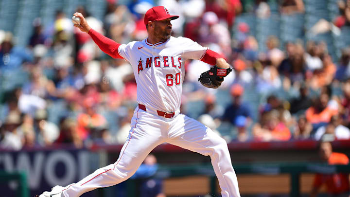 Jun 22, 2025; Anaheim, California, USA; Los Angeles Angels pitcher Hunter Strickland (60) throws against the Houston Astros during the sixth inning at Angel Stadium. Mandatory Credit: Gary A. Vasquez-Imagn Images