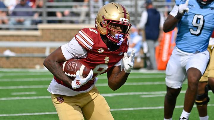 September 19, 2026; Chestnut Hill, Massachusetts, USA; Boston College Eagles wide receiver Johnathan Montague Jr. (8) runs the ball during the first half against the Maine Black Bears at Alumni Stadium. Mandatory Credit: Eric Canha-Imagn Images September 19, 2026; Chestnut Hill, Massachusetts, USA; Boston College Eagles wide receiver Johnathan Montague Jr. (8) runs the ball during the first half against the Maine Black Bears at Alumni Stadium. Mandatory Credit: Eric Canha-Imagn Images