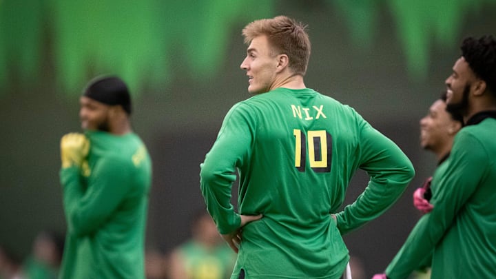 Oregon quarterback Bo Nix warms up during Oregon Pro Day Tuesday, March 12, 2024 at the Moshofsky Oregon quarterback Bo Nix warms up during Oregon Pro Day Tuesday, March 12, 2024 at the Moshofsky