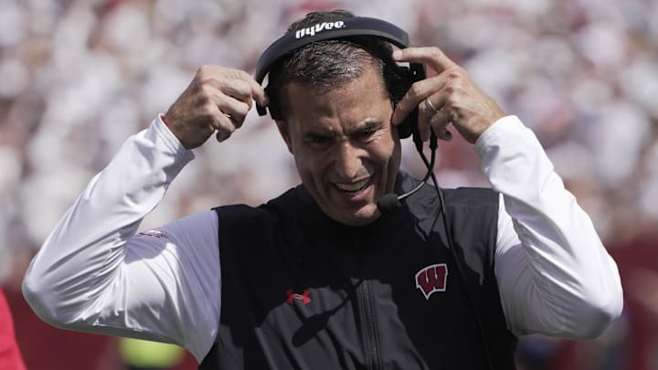 Sep 14, 2024; Madison, Wisconsin, USA; Wisconsin Badgers head coach Luke Fickell is shown during the first quarter of a game against the Alabama Crimson Tide at Camp Randall Stadium.