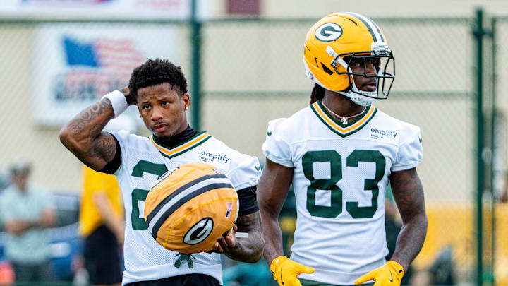 Green Bay Packers rookie receivers Matthew Golden (22) and Savion Williams at training camp last week.