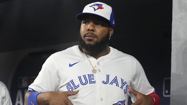 Oct 20, 2025; Toronto, Ontario, CAN; Toronto Blue Jays first baseman Vladimir Guerrero Jr. (27) looks on before game seven against the Seattle Mariners in the ALCS round for the 2025 MLB playoffs at Rogers Centre. 