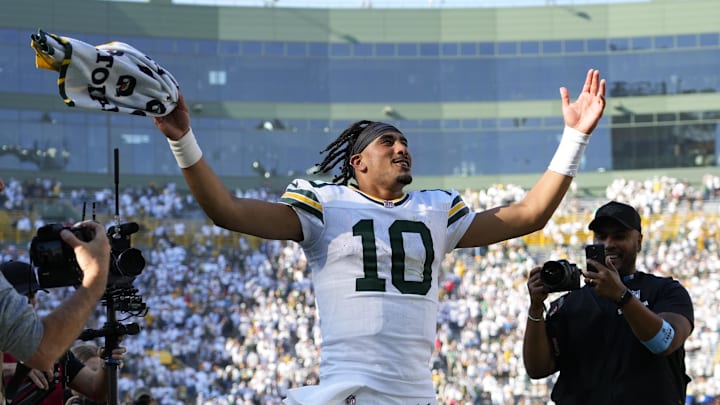 Green Bay Packers quarterback Jordan Love (10) celebrates the victory over the Houston Texans.
