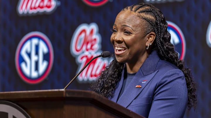 Oct 16, 2024; Birmingham, AL, USA; Ole Miss Rebels head coach Yolett McPhee-McCuin talks with the media during SEC Media Days at Grand Bohemian Hotel. Mandatory Credit: Vasha Hunt-Imagn Images