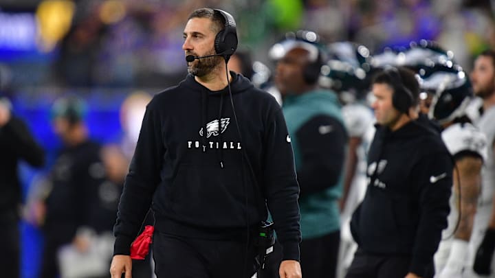 Nov 24, 2024; Inglewood, California, USA; Philadelphia Eagles head coach Nick Sirianni watches game action against the Los Angeles Rams during the second half at SoFi Stadium.
