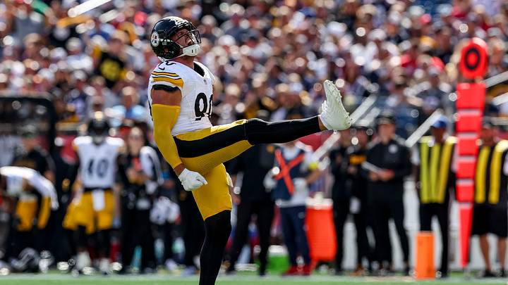 Sep 21, 2025; Foxborough, Massachusetts, USA; Pittsburgh Steelers outside linebacker TJ. Watt (90) celebrates after a sack during the second quarter at Gillette Stadium. Mandatory Credit: Paul Rutherford-Imagn Images