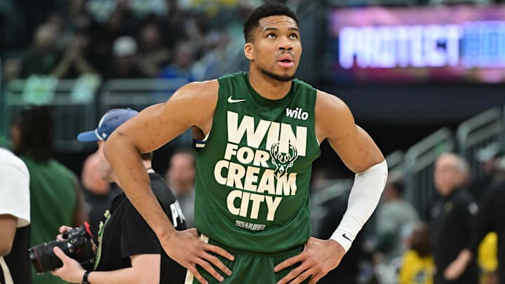 Apr 27, 2025; Milwaukee, Wisconsin, USA; Milwaukee Bucks forward Giannis Antetokounmpo (34) gets ready to play Indiana Pacers during game four of first round for the 2024 NBA Playoffs at Fiserv Forum. Mandatory Credit: Benny Sieu-Imagn Images