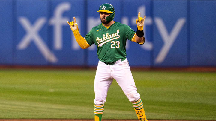 Sep 24, 2024; Oakland, California, USA; Oakland Athletics catcher Shea Langeliers (23) celebrates after hitting a RBI double against the Texas Rangers during the first inning at Oakland-Alameda County Coliseum. Mandatory Credit: Neville E. Guard-Imagn Images