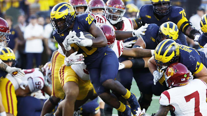 Sep 21, 2024; Ann Arbor, Michigan, USA;  Michigan Wolverines running back Kalel Mullings (20) rushes for a touchdown in the second half against the USC Trojans at Michigan Stadium. Mandatory Credit: Rick Osentoski-Imagn Images
