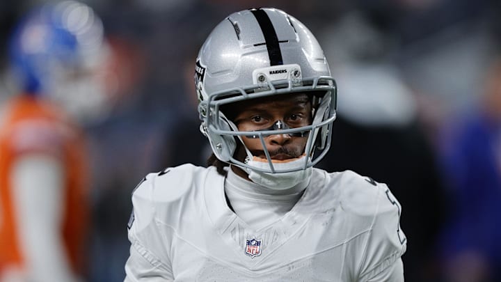 Nov 6, 2025; Denver, Colorado, USA; Las Vegas Raiders wide receiver Tre Tucker (1) before the game at Empower Field at Mile High. Mandatory Credit: Isaiah J. Downing-Imagn Images Nov 6, 2025; Denver, Colorado, USA; Las Vegas Raiders wide receiver Tre Tucker (1) before the game at Empower Field at Mile High. Mandatory Credit: Isaiah J. Downing-Imagn Images
