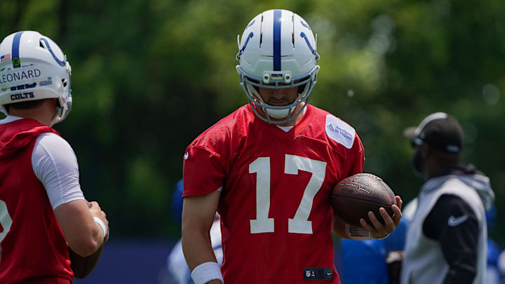 Indianapolis Colts quarterback Daniel Jones (17) walks up the field Tuesday, June 10, 2025, during NFL Colts mandatory mini camp at the Indiana Farm Bureau Football Center in Indianapolis.