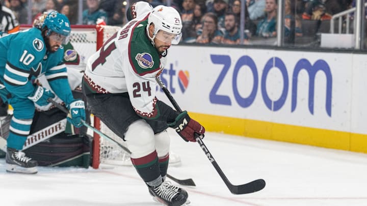 Dec 21, 2023; San Jose, California, USA; Arizona Coyotes defenseman Matt Dumba (24) controls the