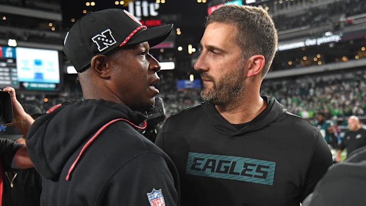 Atlanta Falcons head coach Raheem Morris received the game ball from his team Monday after beating the Philadelphia Eagles. Atlanta Falcons head coach Raheem Morris received the game ball from his team Monday after beating the Philadelphia Eagles.
