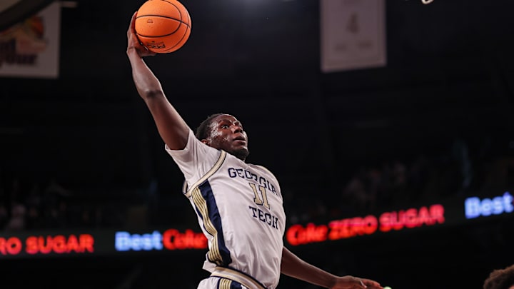 Jan 24, 2026; Atlanta, Georgia, USA; Georgia Tech Yellow Jackets forward Baye Ndongo (11) dunks against the Clemson Tigers in the second half at McCamish Pavilion. Mandatory Credit: Brett Davis-Imagn Images
