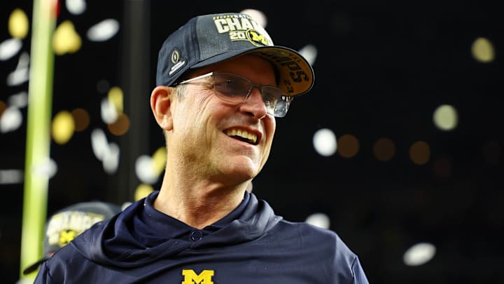 Jan 8, 2024; Houston, TX, USA; Michigan Wolverines head coach Jim Harbaugh reacts after winning 2024