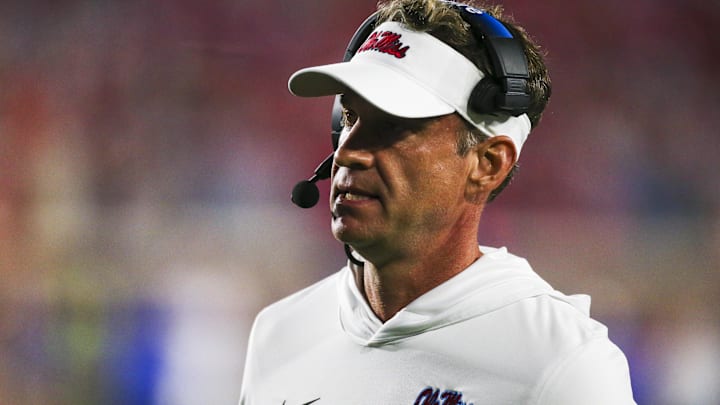 Nov 15, 2025; Oxford, Mississippi, USA; Mississippi Rebels head coach Lane Kiffin stands on the sideline during the second half against the Florida Gators at Vaught-Hemingway Stadium. Mandatory Credit: Petre Thomas-Imagn Images