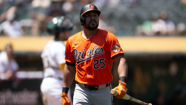 Jul 6, 2024; Oakland, California, USA; Baltimore Orioles designated hitter Anthony Santander (25) walks back to the dugout.