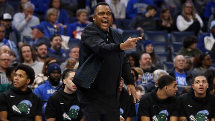 Feb 4, 2023; Memphis, Tennessee, USA; Tulane Green Wave head coach Ron Hunter reacts during the first half against the Memphis Tigers at FedExForum.
