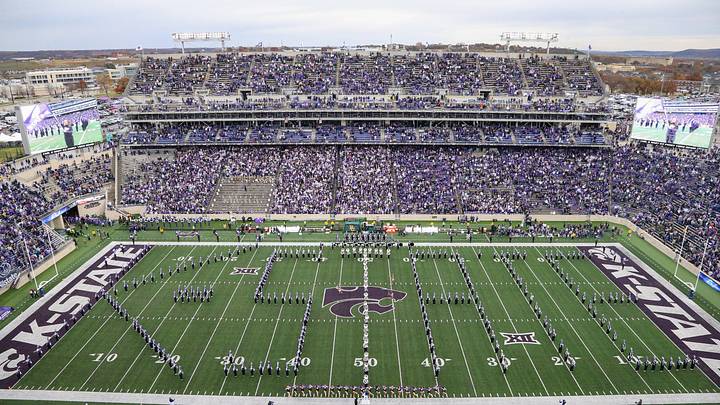Nov 11, 2023; Manhattan, Kansas, USA; The Kansas State Wildcats Pride of Wildcat Land Matching Band spells out K-State before the start of a game against the Baylor Bears at Bill Snyder Family Football Stadium. Mandatory Credit: Scott Sewell-USA TODAY Sports
