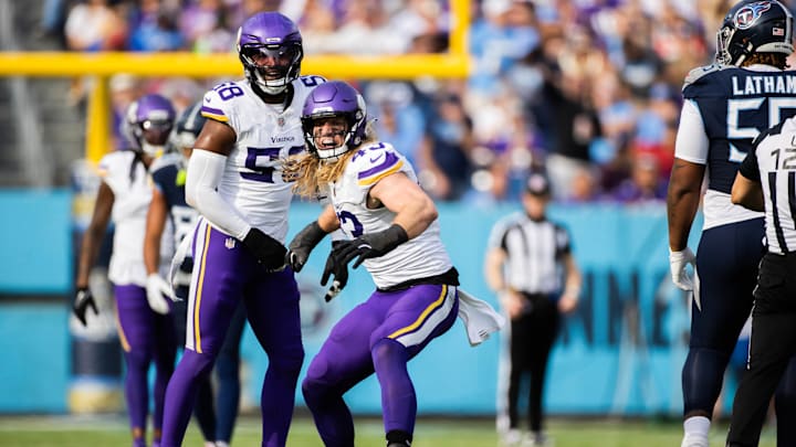 Andrew Van Ginkel (No. 43) and Jonathan Greenard (No. 58) celebrate during the Vikings' game at the Tennessee Titans.