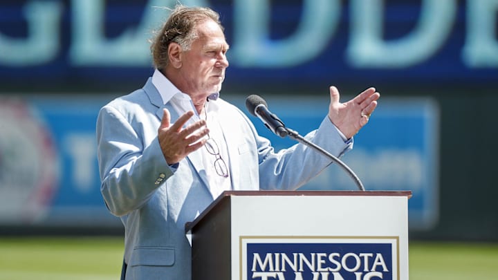 Minnesota Twins former player Dan Gladden addresses the crowd as inducted into the Twins' Hall of Fame before the game with the Texas Rangers at Target Field in Minneapolis on Aug. 21, 2022.