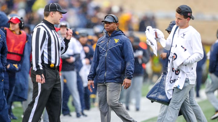 Nov 12, 2022; Morgantown, West Virginia, USA; West Virginia Mountaineers assistant coach Chad Scott during the fourth quarter against the Oklahoma Sooners at Mountaineer Field at Milan Puskar Stadium. Mandatory Credit: Ben Queen-Imagn Images