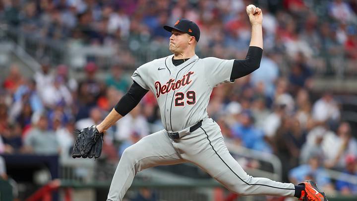 Apr 29, 2026; Atlanta, Georgia, USA; Detroit Tigers starting pitcher Tarik Skubal (29) throws against the Atlanta Braves in the second inning at Truist Park. Mandatory Credit: Brett Davis-Imagn Images
