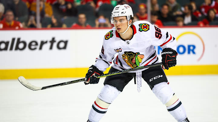 Nov 7, 2025; Calgary, Alberta, CAN; Chicago Blackhawks center Connor Bedard (98) skates against the Calgary Flames during the third period at Scotiabank Saddledome. Mandatory Credit: Sergei Belski-Imagn Images