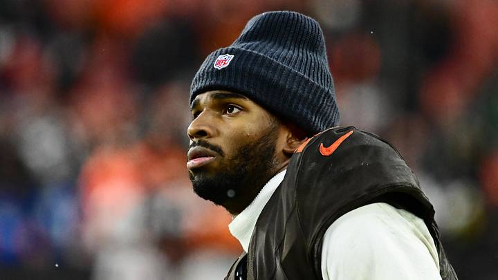 Cleveland Browns quarterback Shedeur Sanders watches from the sidelines