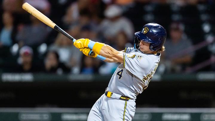 Nov 9, 2025; Mesa, AZ, USA; Milwaukee Brewers outfielder Josh Adamczewski during the Arizona Fall League Fall Stars Game at Sloan Park. Mandatory Credit: Mark J. Rebilas-Imagn Images Nov 9, 2025; Mesa, AZ, USA; Milwaukee Brewers outfielder Josh Adamczewski during the Arizona Fall League Fall Stars Game at Sloan Park. Mandatory Credit: Mark J. Rebilas-Imagn Images