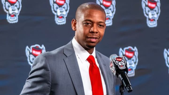 NC State men's basketball coach Justin Gainey speaks at his introductory press conference in the Lenovo Center on April 1, 2026. 