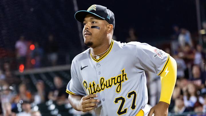 Nov 9, 2025; Mesa, AZ, USA; Pittsburgh Pirates outfielder Esmerlyn Valdez during the Arizona Fall League Fall Stars Game at Sloan Park. Mandatory Credit: Mark J. Rebilas-Imagn Images