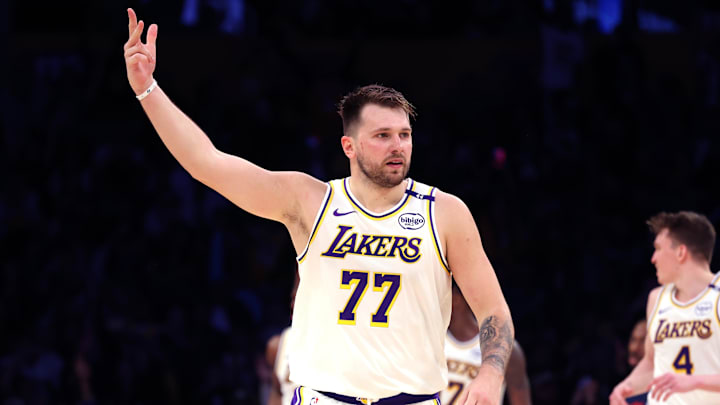 Mar 2, 2025; Los Angeles, California, USA; Los Angeles Lakers guard Luka Doncic (77) reacts to a play during the third quarter against the LA Clippers at Crypto.com Arena. Mandatory Credit: Jason Parkhurst-Imagn Images