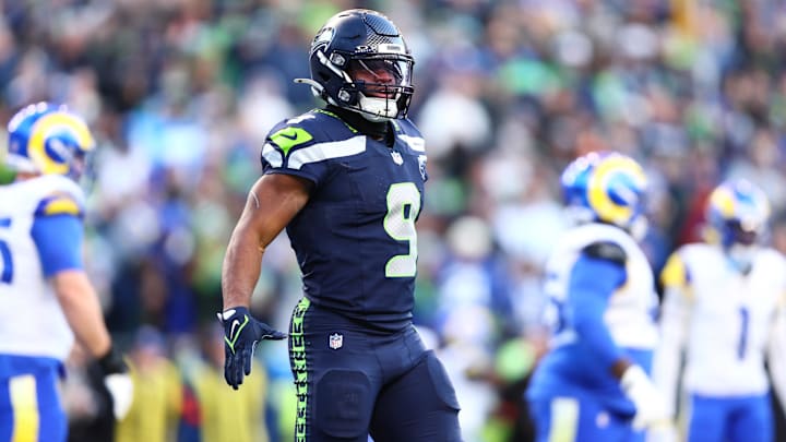 Jan 25, 2026; Seattle, WA, USA; Seattle Seahawks running back Kenneth Walker III (9) celebrates after running for a touchdown in the first half against the Los Angeles Rams in the 2026 NFC Championship Game at Lumen Field. Mandatory Credit: Kevin Ng-Imagn Images